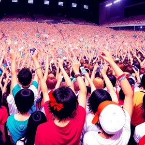 Energetic crowd cheering at a vibrant stadium event.