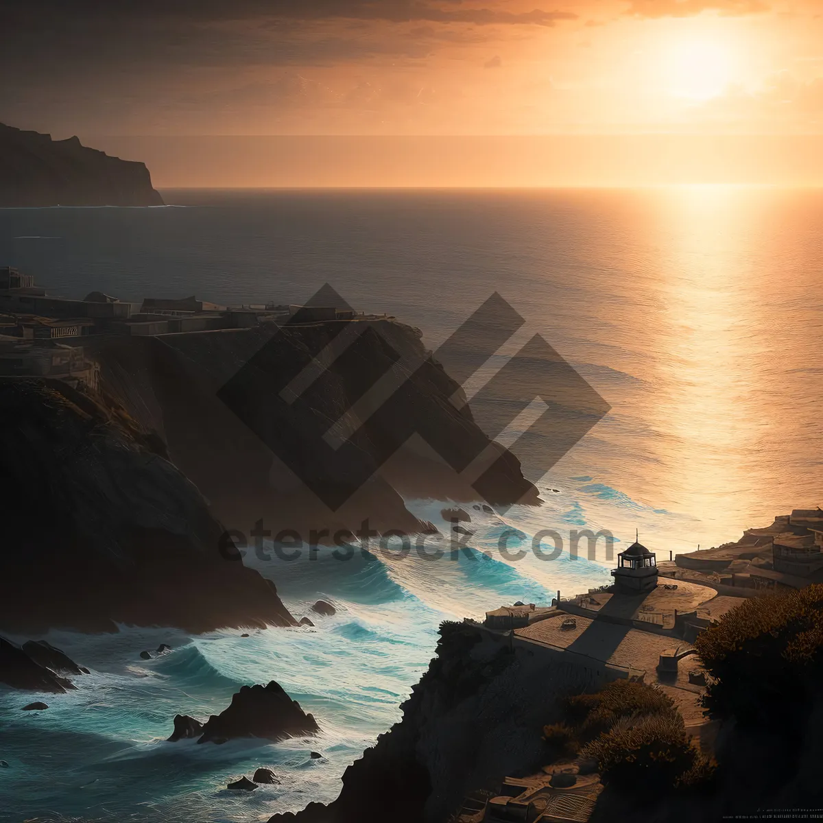 Picture of Picturesque Coastal Seaside: Majestic Waves, Rocky Cliffs