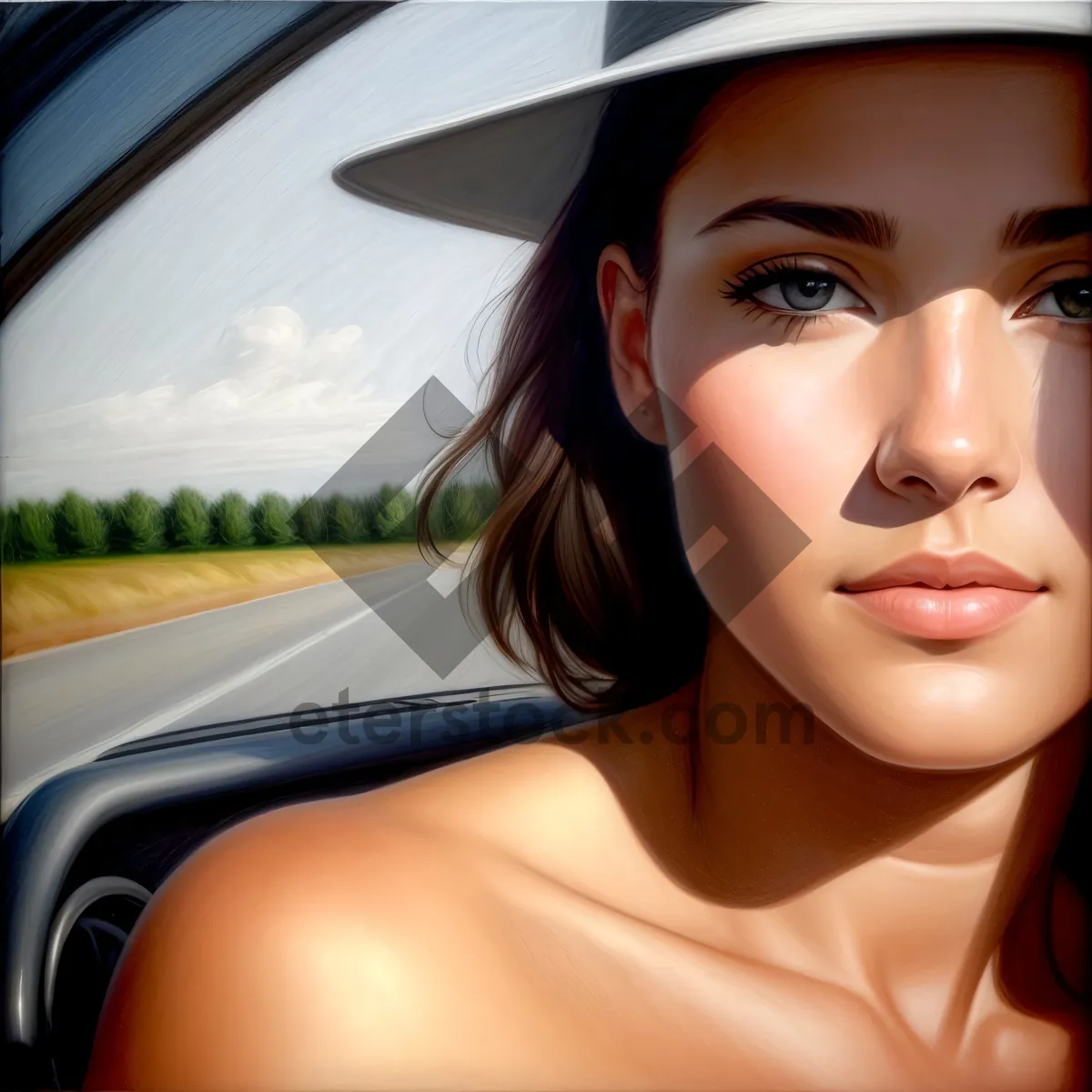 Picture of Seductive brunette model with captivating eyes sporting fashion-forward makeup and seat belt