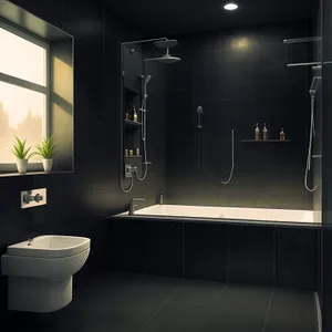 Modern bathroom interior with sleek furniture and elegant decor.