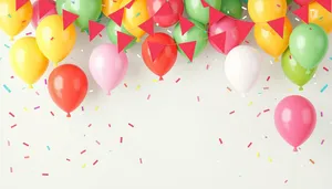 Colorful birthday party decoration with balloons and confetti.