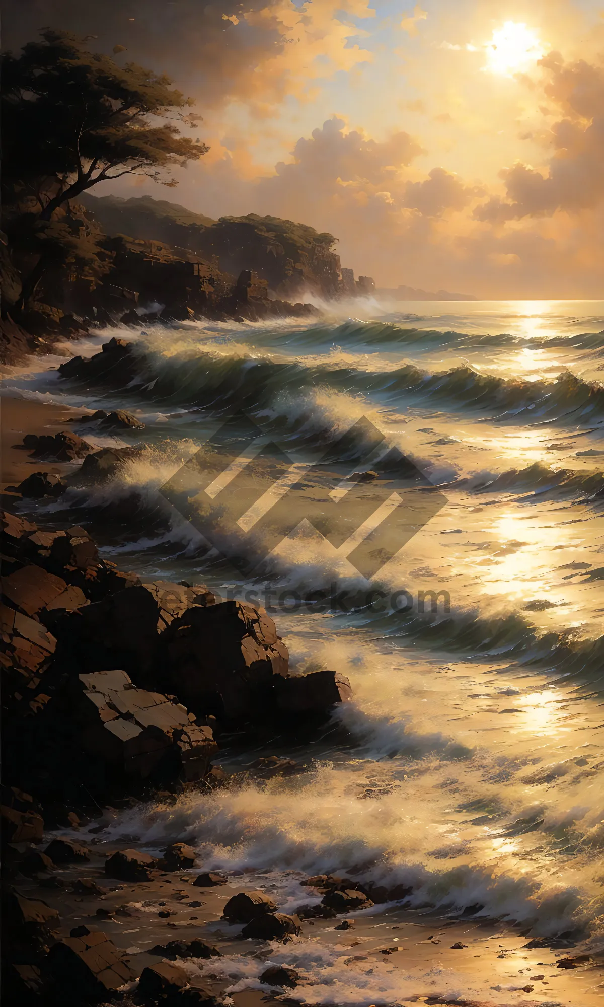 Picture of Sunset over ocean waves on scenic beach coast.