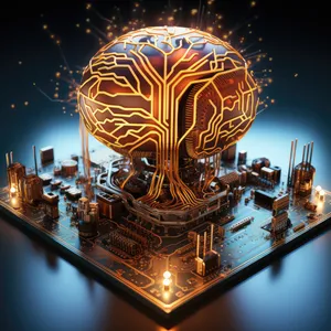 Sci-fi concept. The central computer processor in the form of an artificial brain microchip as the main element of the artificial intelligence system is installed on the motherboard of the supercomputer