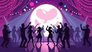 Vibrant silhouettes dancing in a crowded party.