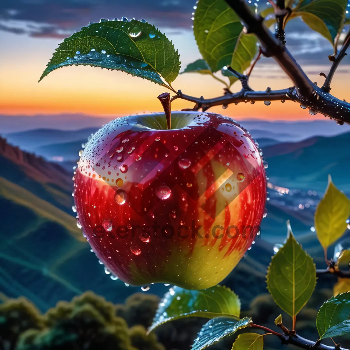 Picture of Organic Ripe Apple on Branch in Garden