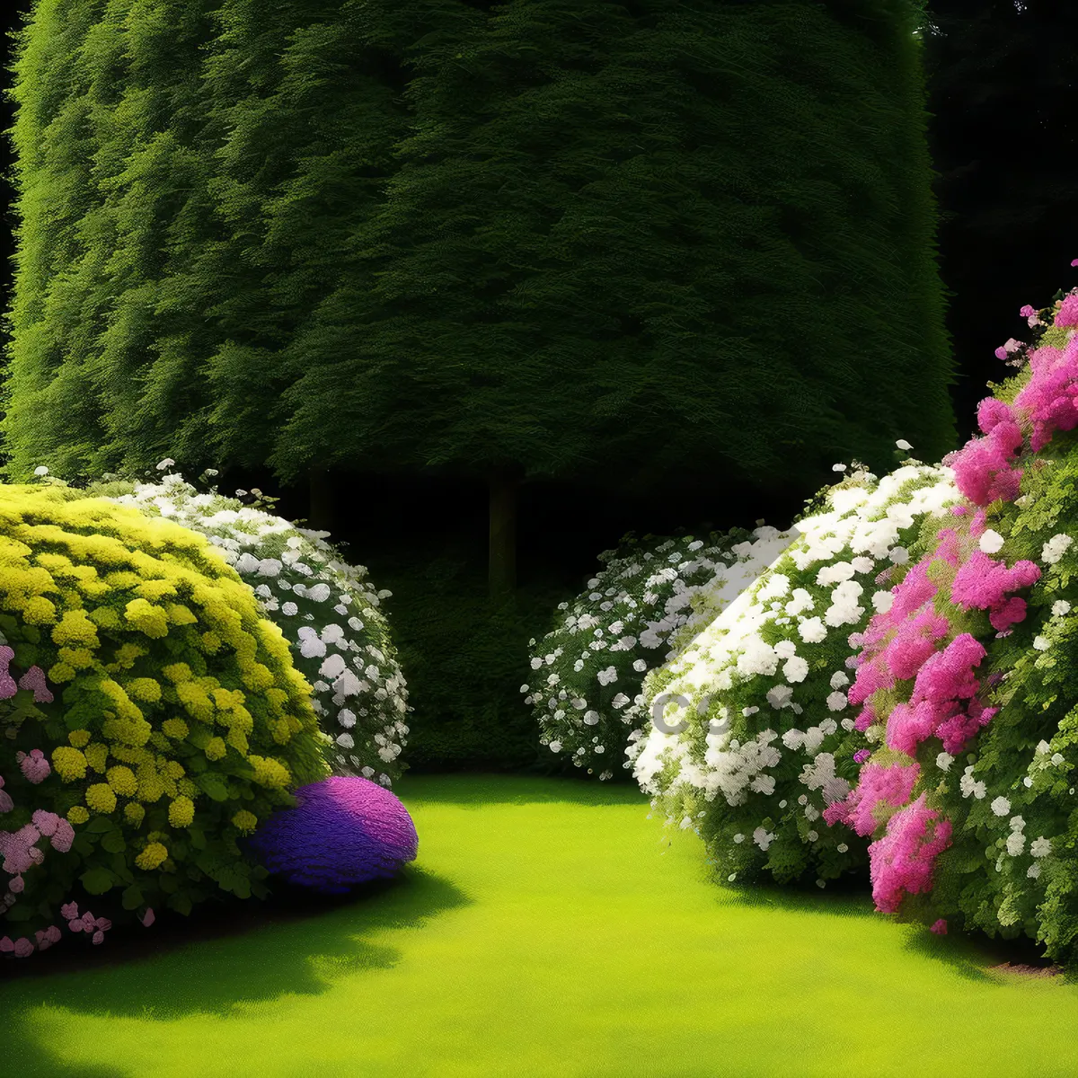 Picture of Vibrant Spring Hydrangea Garden in Full Bloom.