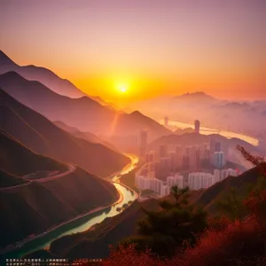 Majestic Horizon: Enchanting Sunset over Mountain Valley