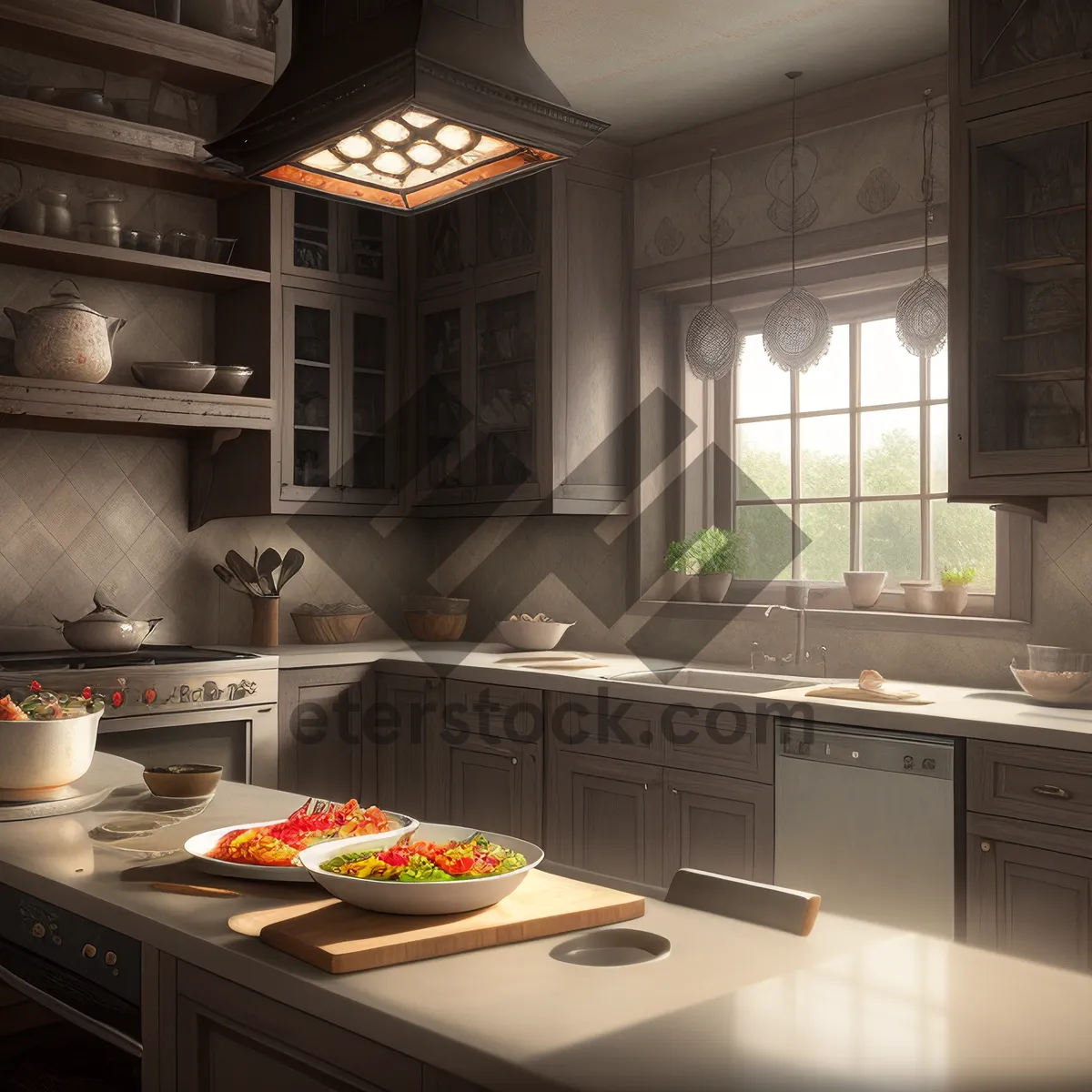 Picture of English-style kitchen design with modern appliances