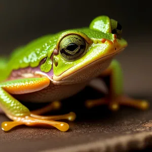 Bulging-eyed tree frog peeping out from leaf.