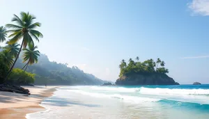 Tropical island beach with clear turquoise waters and palm trees.