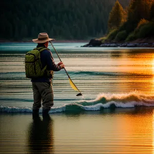 Man fishing with paddle oar on tranquil lake