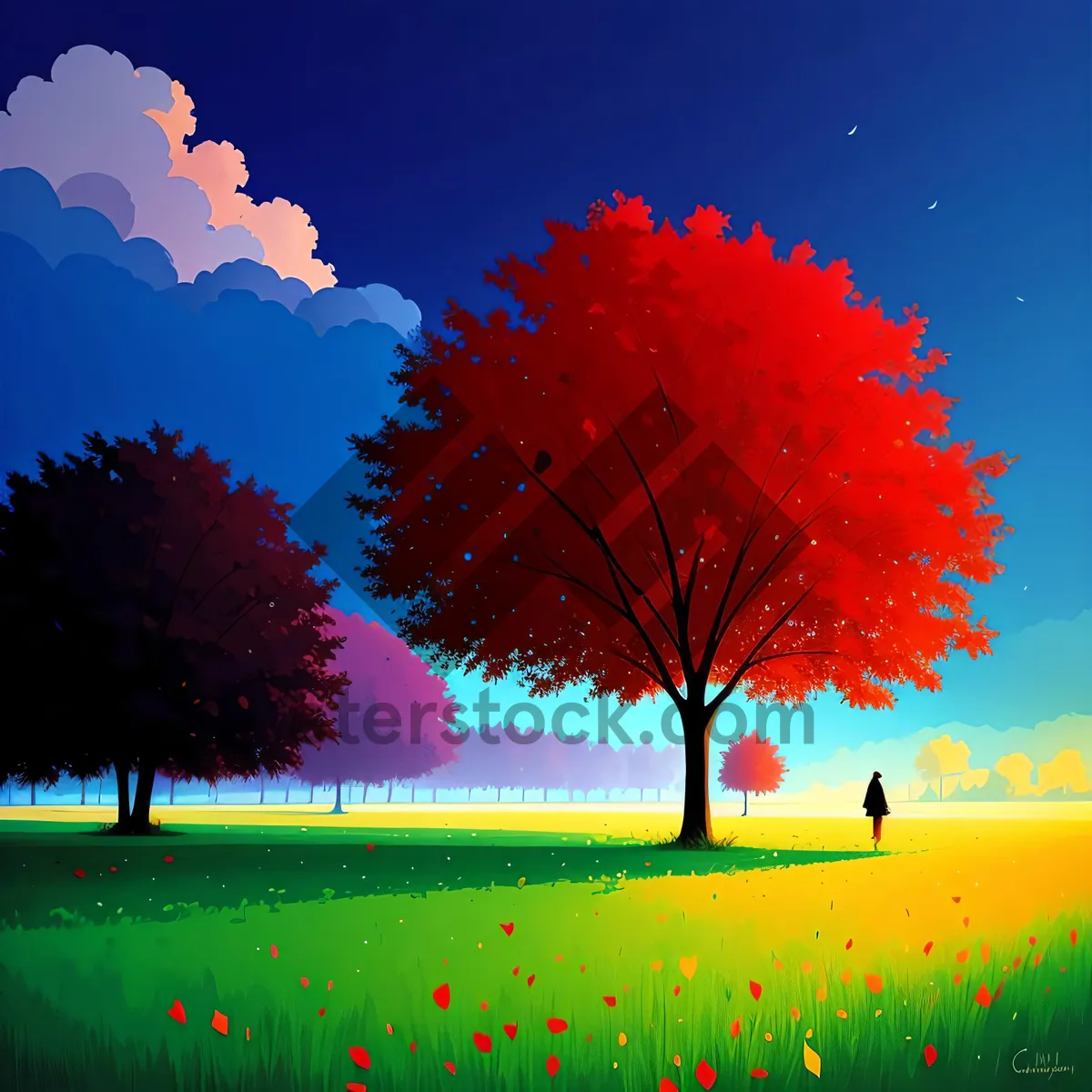 Picture of Vibrant Sunset Sky with Trees and Grass