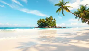 Tropical holiday beach with palm trees and turquoise water.