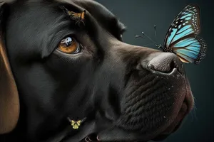 Black hunting dog portrait with cute brown nose.