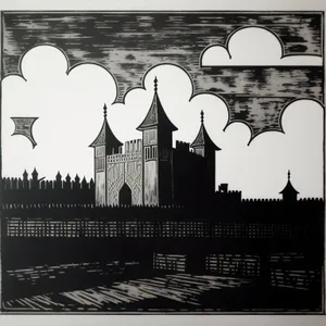 Cityscape Silhouette: Architectural Drawing of Cemetery Building