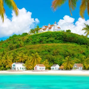 Tranquil tropical beach paradise with palm trees and waves.