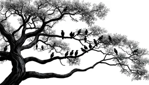 Silhouette of oak tree branches against sky in forest