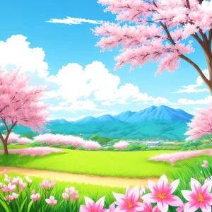 Colorful Meadow with Pink Flowers Under Blue Sky