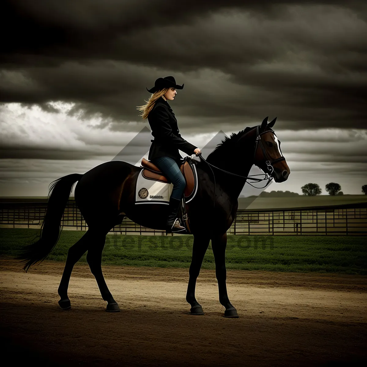 Picture of Equestrian Cowboy Riding Sidesaddle on Thoroughbred Stallion.