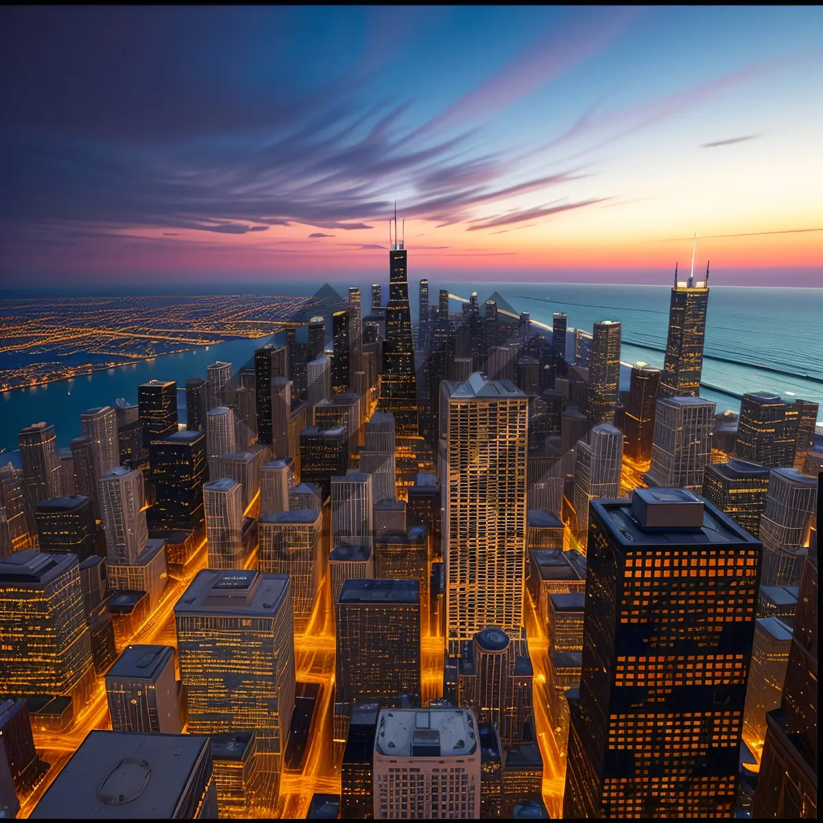 Picture of Nighttime city skyline with modern skyscrapers