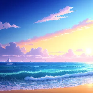Serene Seascape Sunset: Beach, Waves, and Sun