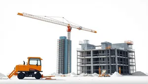 Urban construction site with towering crane and steel structure.