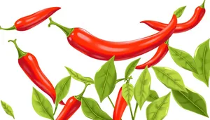 Colorful bell pepper and leaves on white background.