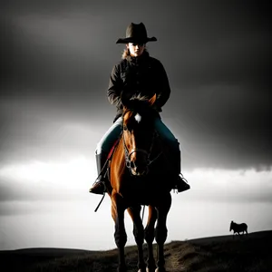 Silhouette Rider at Sunset on a Ranch