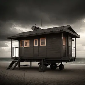Mobile Home on Wheels with a Wooden Roof