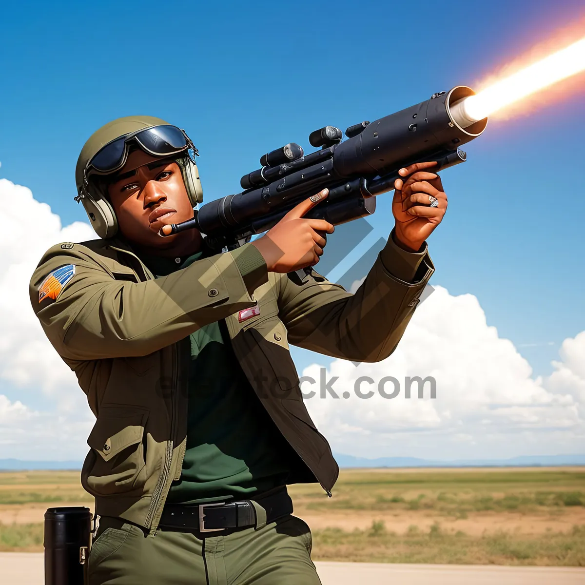 Picture of Male Soldier with Bazooka in Military Uniform