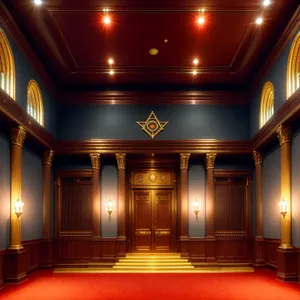 Elegant Theater Entrance with Arched Column and Illuminated Curtain