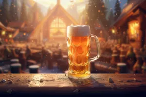 Frosty Beer Glass with Golden Bubbles at Party