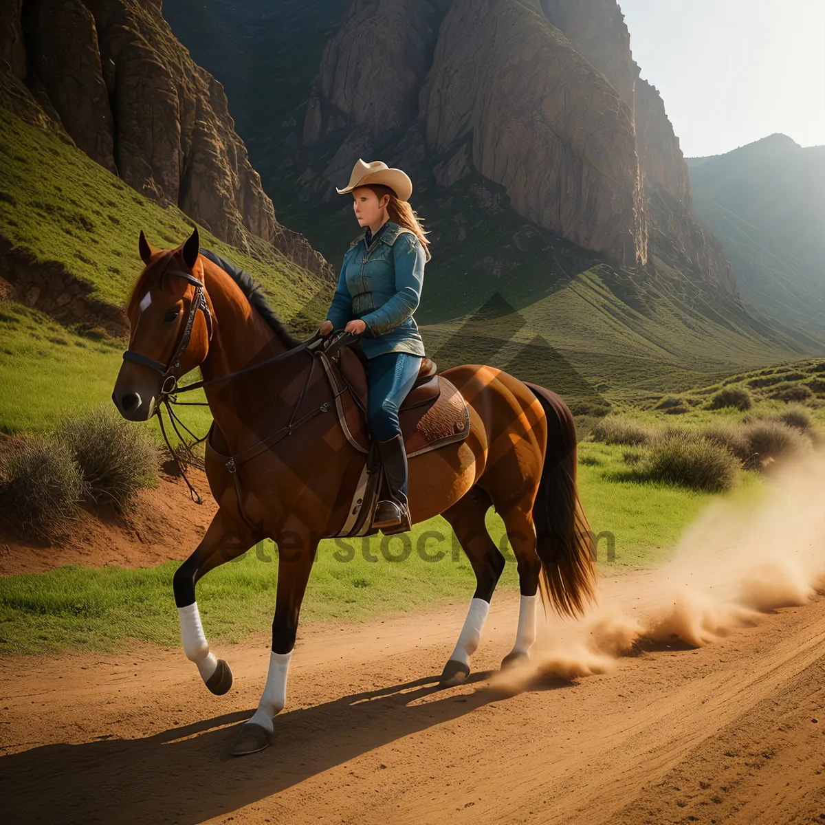 Picture of Equestrian Cowboy Riding a Brown Stallion in a Rural Field