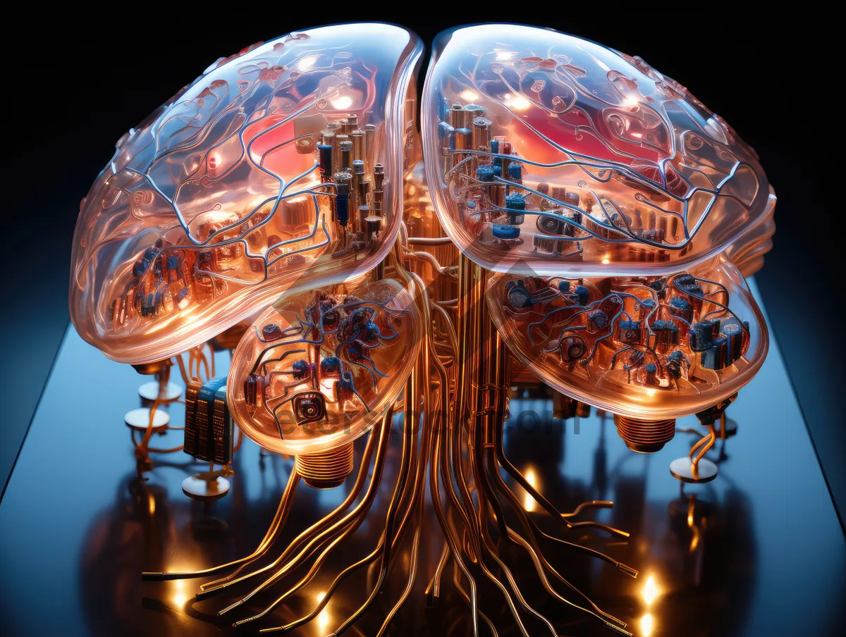 Picture of Sci-fi concept. The central computer processor in the form of an artificial brain microchip as the main element of the artificial intelligence system is installed on the motherboard of the supercomputer
