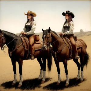 Riding Cowboy Horse with Carriage on Farm