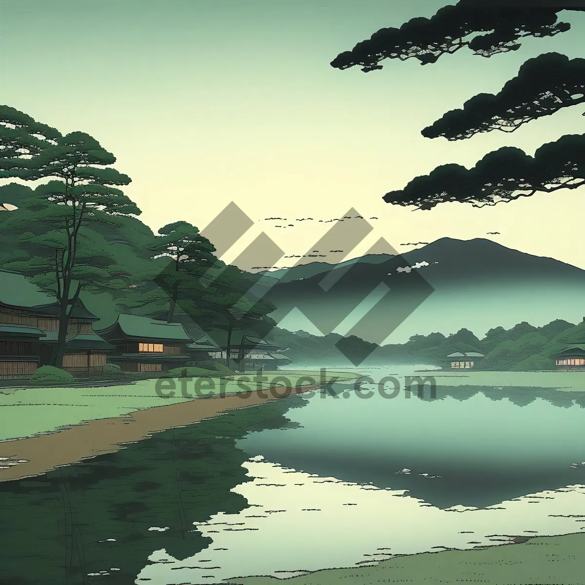 Picture of Serene Summer Coastal Landscape with Sky, Water, and Trees