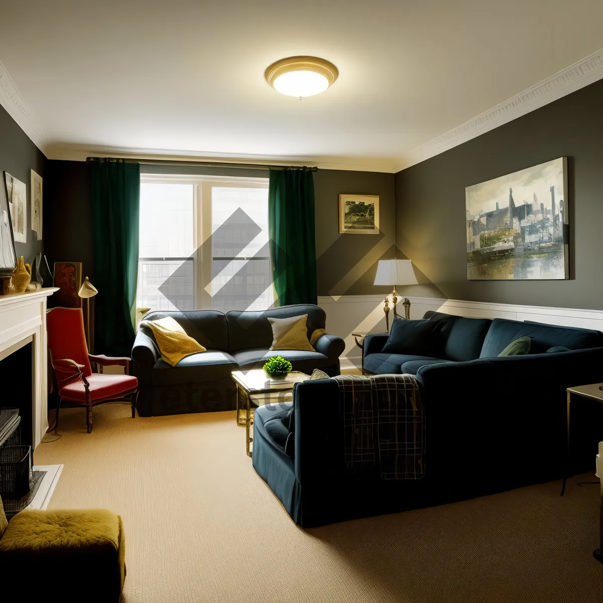 Picture of Modern Office Interior with Luxurious Wood Furniture and 3D Lamp