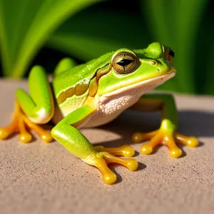 Bulging-eyed tree frog with vibrant orange eyes