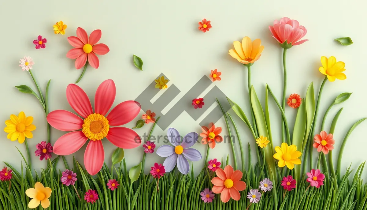 Picture of Colorful Floral Garden with Pink Tulips and Yellow Daisies