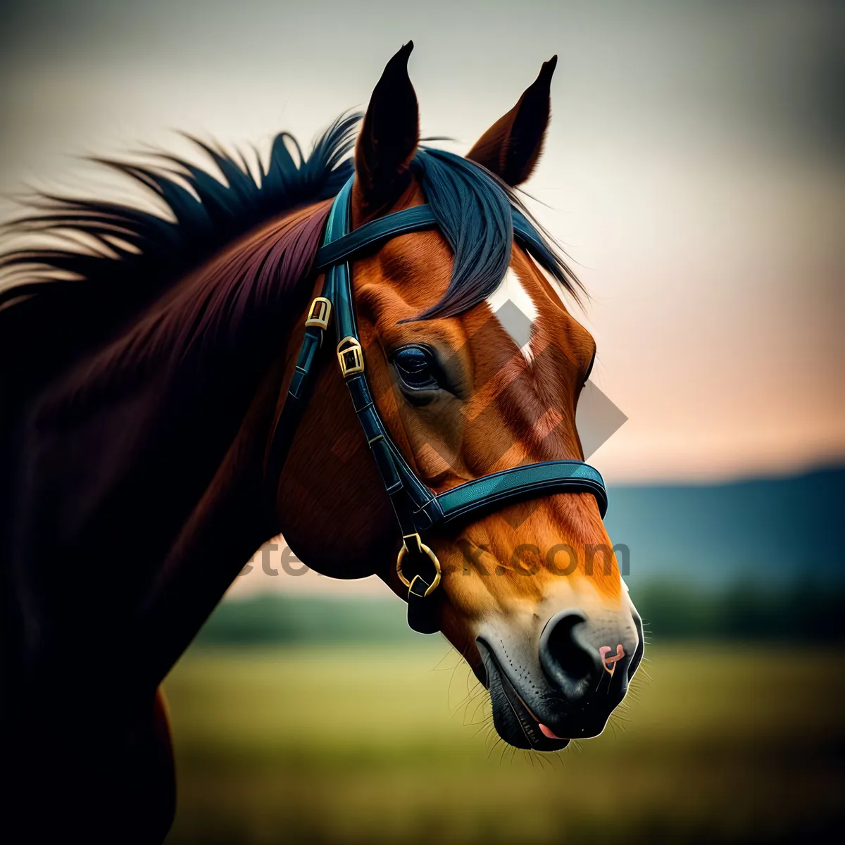 Picture of Thoroughbred Stallion with Chestnut Mane Grazing in Rural Meadow.