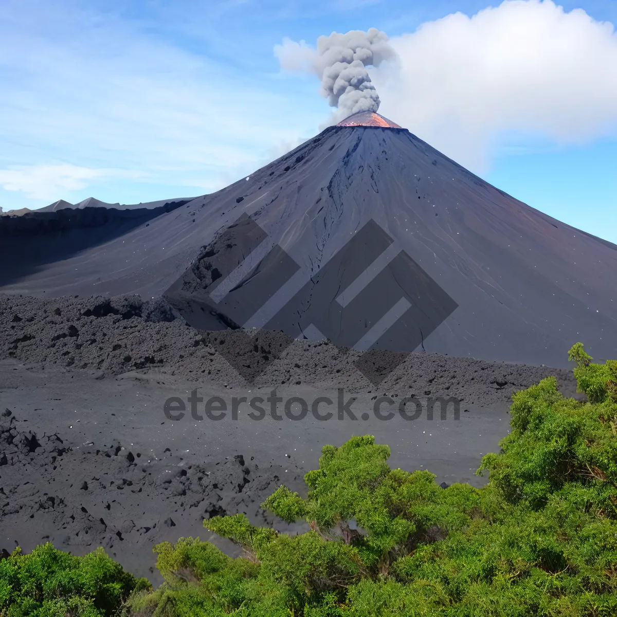 Picture of Majestic Volcano: Peak Amidst Snow-Capped Mountains and Serene Lake