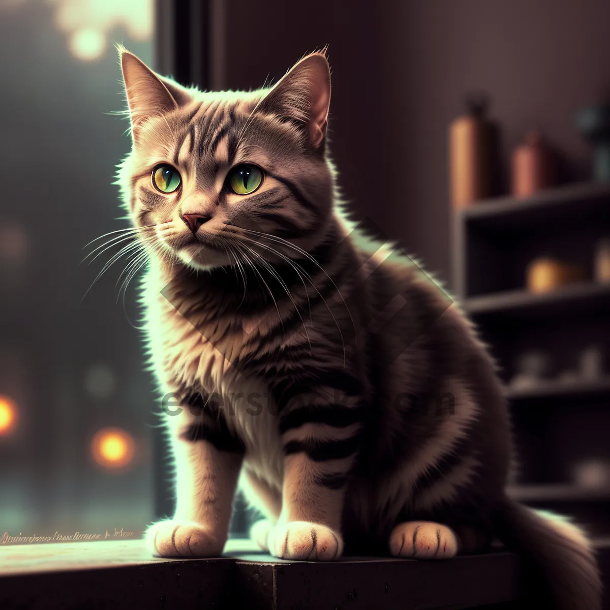 Picture of Adorable Tabby Kitten Posing on Windowsill