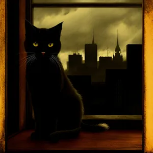 Adorable black kitten peering through windowsill
