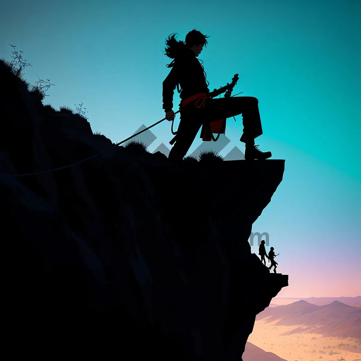 Picture of Adventurous male jumping rope against stunning sunset silhouette