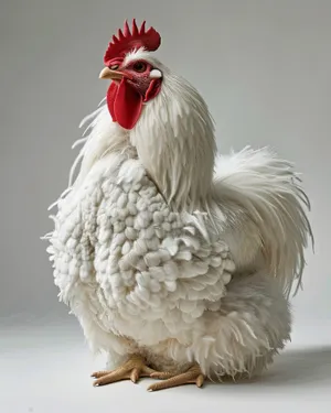 Farm hen with colorful feathers and distinctive beak