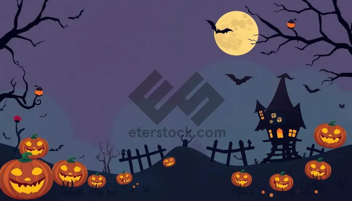 Picture of Spooky Halloween night silhouette with moon and bat.