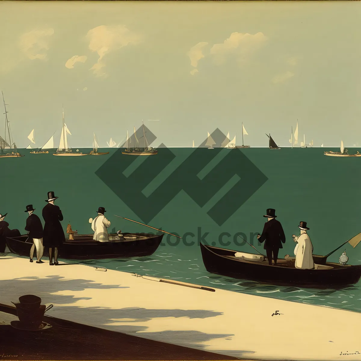 Picture of Serene Beachscape with Outrigger Boat and Calm Ocean