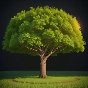 Green Landscape with Oak Tree and Meadow