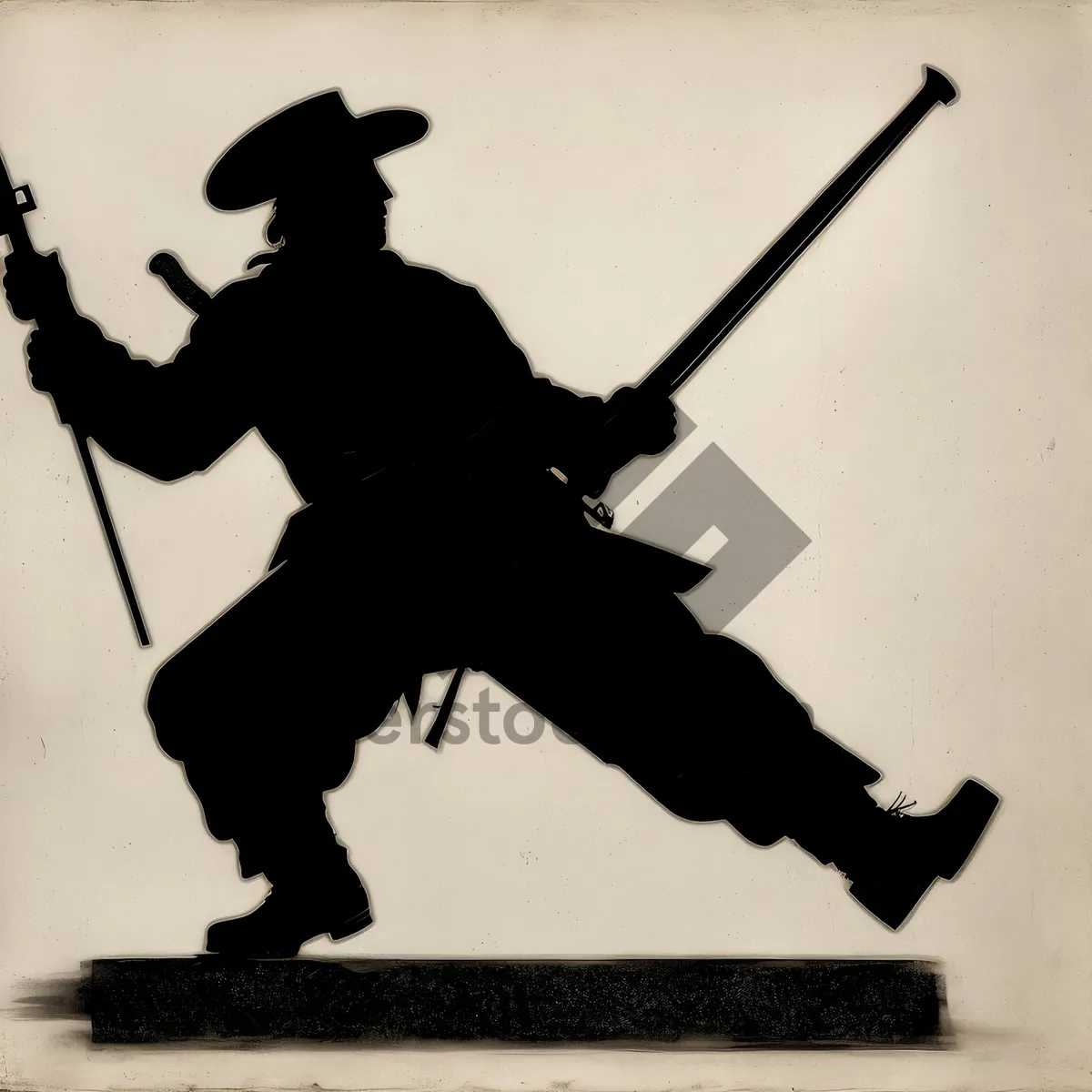 Picture of Black silhouette of man dancing with sword and javelin.