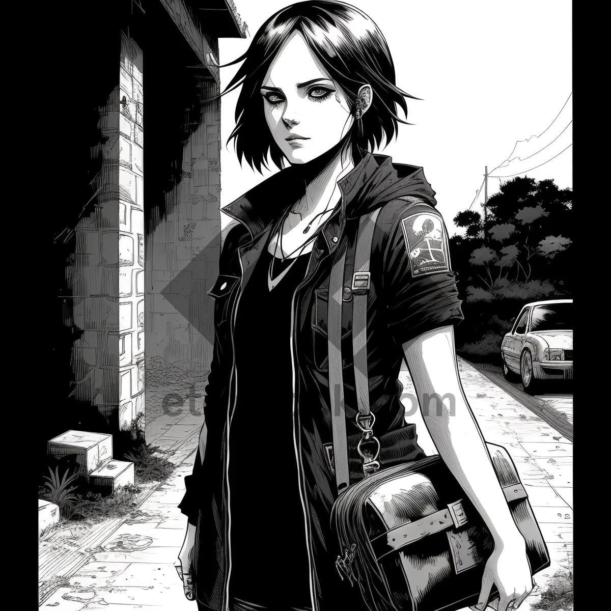 Picture of Smiling Brunette Fashion Model in Black Coat